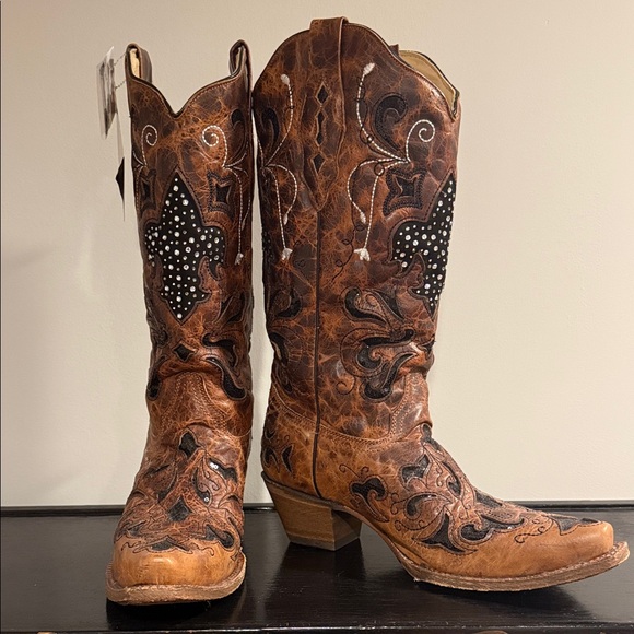 Studded Western Heeled Boots in Brown - Picture 1 of 5